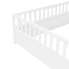 Cadre de lit Okak pleine grandeur avec barrières de sécurité extra-hautes, cadre de lit en bois avec porte d'entrée pratique pour chambre à coucher, blanc