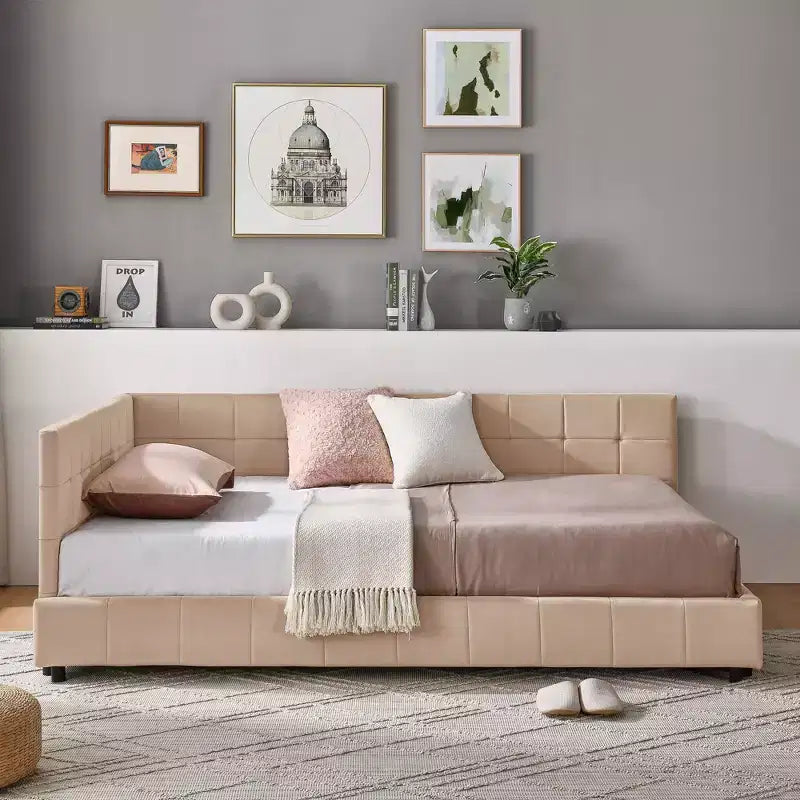 Okak Cadre de lit rembourré capitonné, Cadre de lit banquette avec dossier et accoudoirs confortables, Lit double pour chambre à coucher, salon, Rose