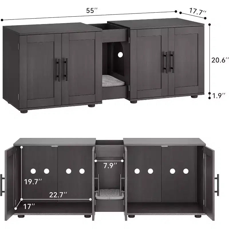 Meuble Cache-litière pour 2 Chats avec Griffoir, Meuble de Toilette en Bois à Double Compartiment et Grand Espace de Rangement