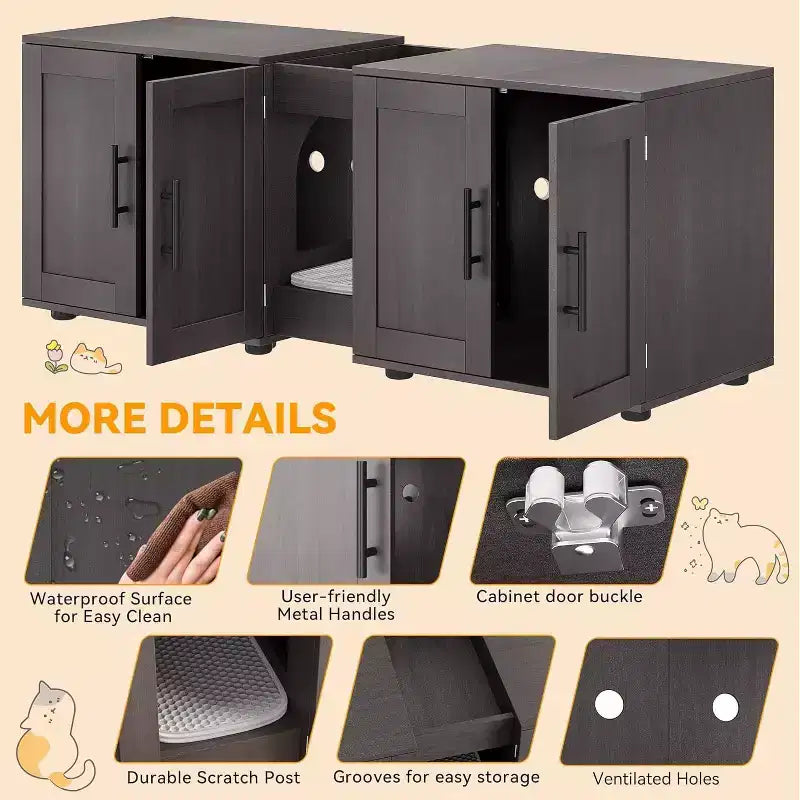 Meuble Cache-litière pour 2 Chats avec Griffoir, Meuble de Toilette en Bois à Double Compartiment et Grand Espace de Rangement