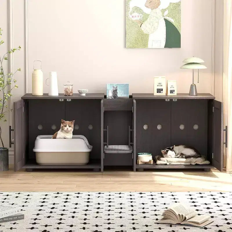 Meuble Cache-litière pour 2 Chats avec Griffoir, Meuble de Toilette en Bois à Double Compartiment et Grand Espace de Rangement