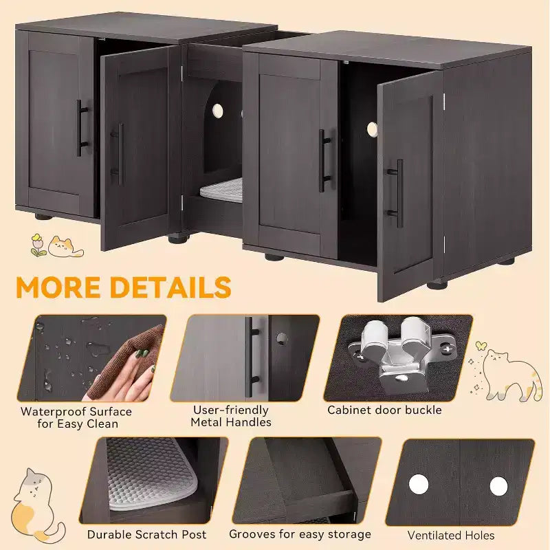 Meuble Cache-litière pour 2 Chats avec Griffoir, Meuble de Toilette en Bois à Double Compartiment et Grand Espace de Rangement