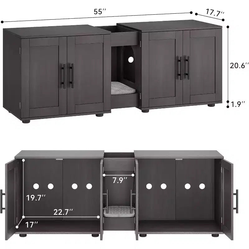 Meuble Cache-litière pour 2 Chats avec Griffoir, Meuble de Toilette en Bois à Double Compartiment et Grand Espace de Rangement