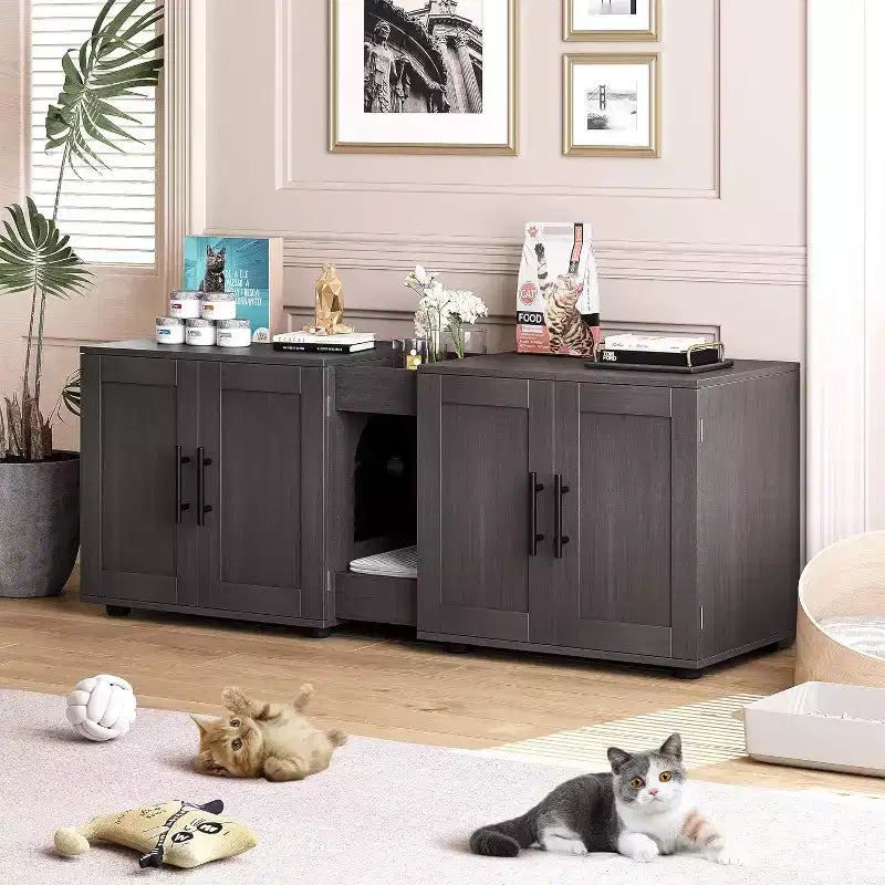 Meuble Cache-litière pour 2 Chats avec Griffoir, Meuble de Toilette en Bois à Double Compartiment et Grand Espace de Rangement