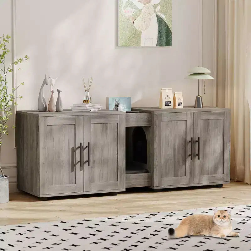 Meuble Cache-litière pour 2 Chats avec Griffoir, Meuble de Toilette en Bois à Double Compartiment et Grand Espace de Rangement