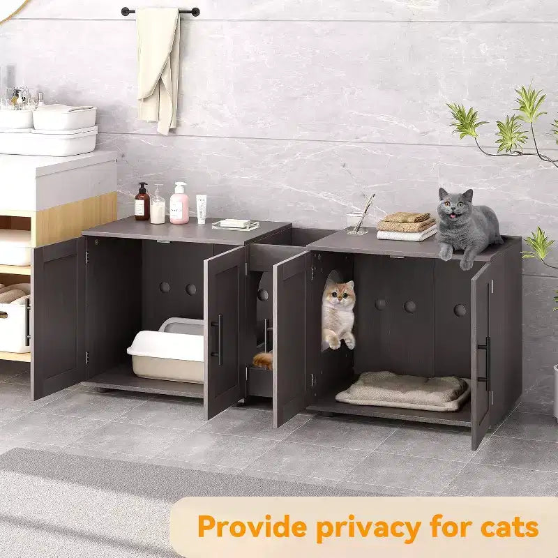 Meuble Cache-litière pour 2 Chats avec Griffoir, Meuble de Toilette en Bois à Double Compartiment et Grand Espace de Rangement
