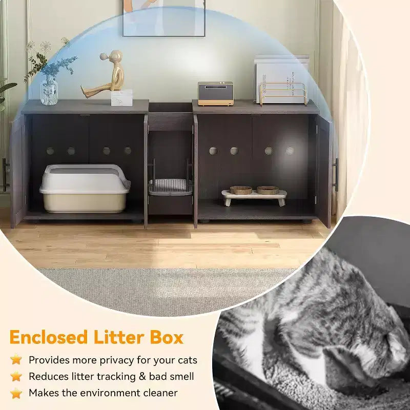 Meuble Cache-litière pour 2 Chats avec Griffoir, Meuble de Toilette en Bois à Double Compartiment et Grand Espace de Rangement