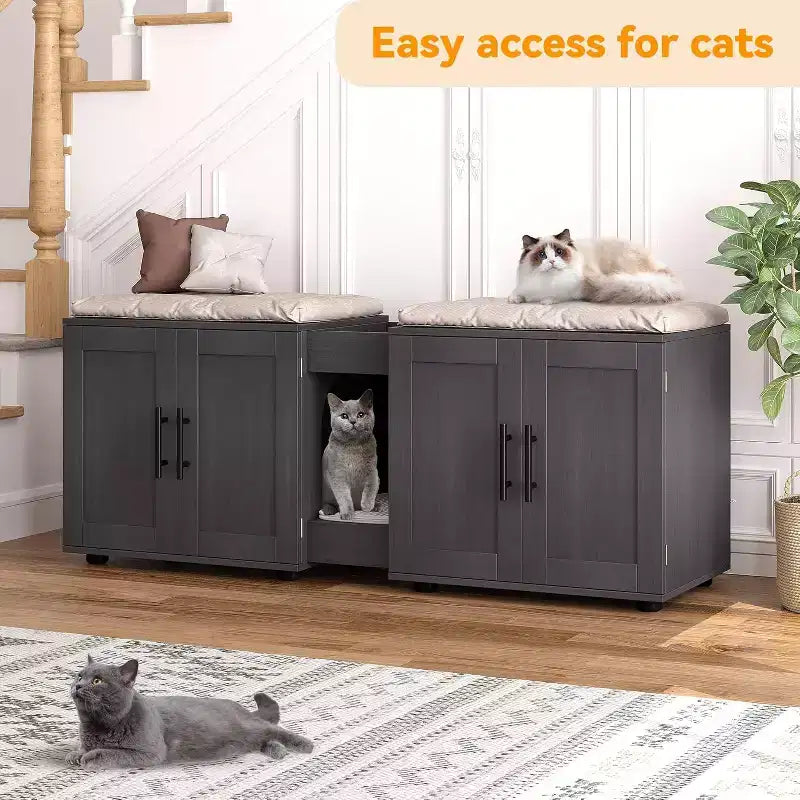 Meuble Cache-litière pour 2 Chats avec Griffoir, Meuble de Toilette en Bois à Double Compartiment et Grand Espace de Rangement
