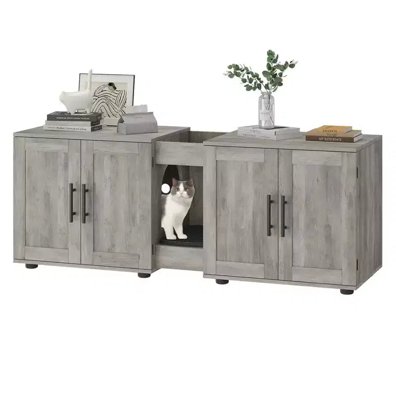 Meuble Cache-litière pour 2 Chats avec Griffoir, Meuble de Toilette en Bois à Double Compartiment et Grand Espace de Rangement