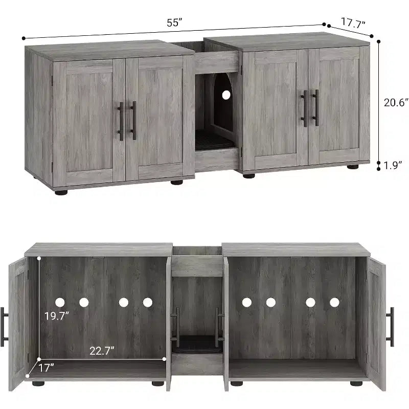 Meuble Cache-litière pour 2 Chats avec Griffoir, Meuble de Toilette en Bois à Double Compartiment et Grand Espace de Rangement