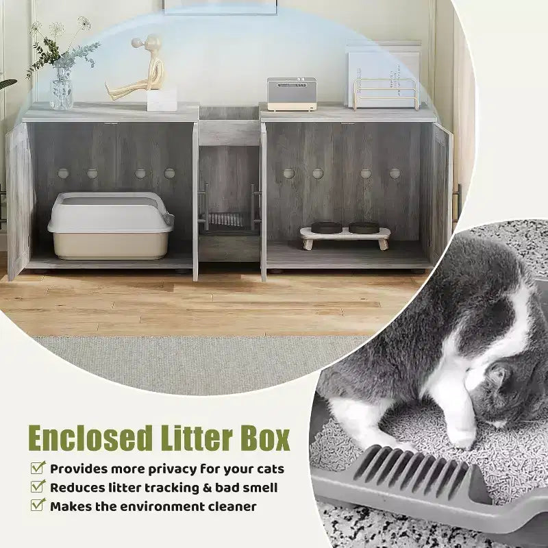 Meuble Cache-litière pour 2 Chats avec Griffoir, Meuble de Toilette en Bois à Double Compartiment et Grand Espace de Rangement