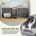 Meuble Cache-litière pour 2 Chats avec Griffoir, Meuble de Toilette en Bois à Double Compartiment et Grand Espace de Rangement