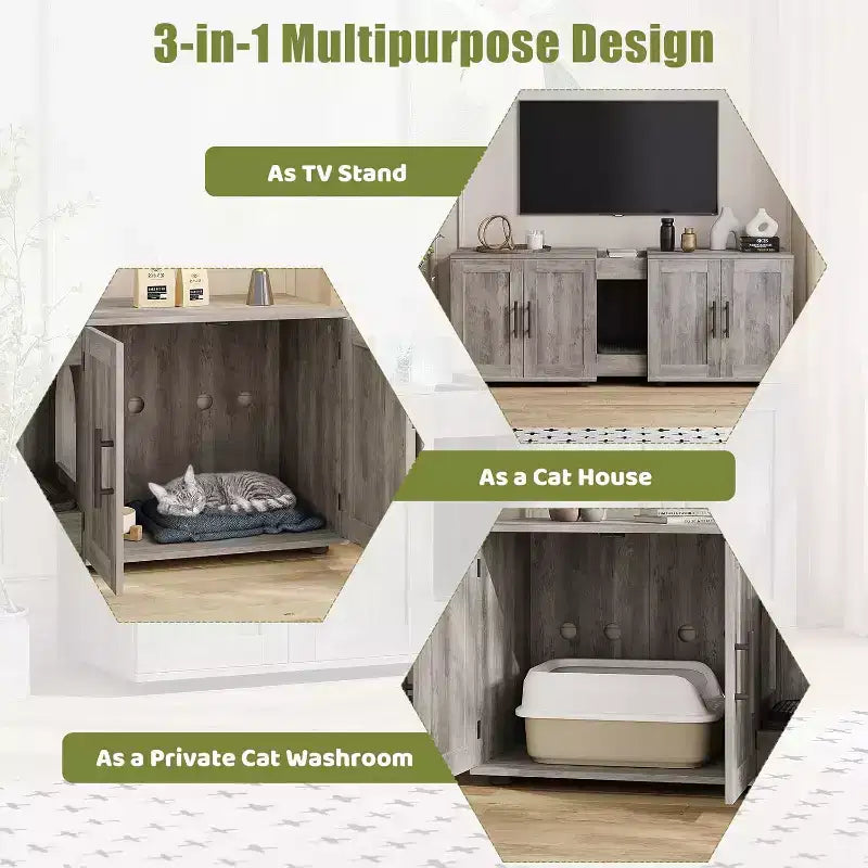 Meuble Cache-litière pour 2 Chats avec Griffoir, Meuble de Toilette en Bois à Double Compartiment et Grand Espace de Rangement