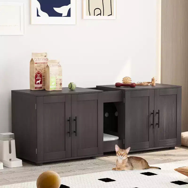 Meuble Cache-litière pour 2 Chats avec Griffoir, Meuble de Toilette en Bois à Double Compartiment et Grand Espace de Rangement