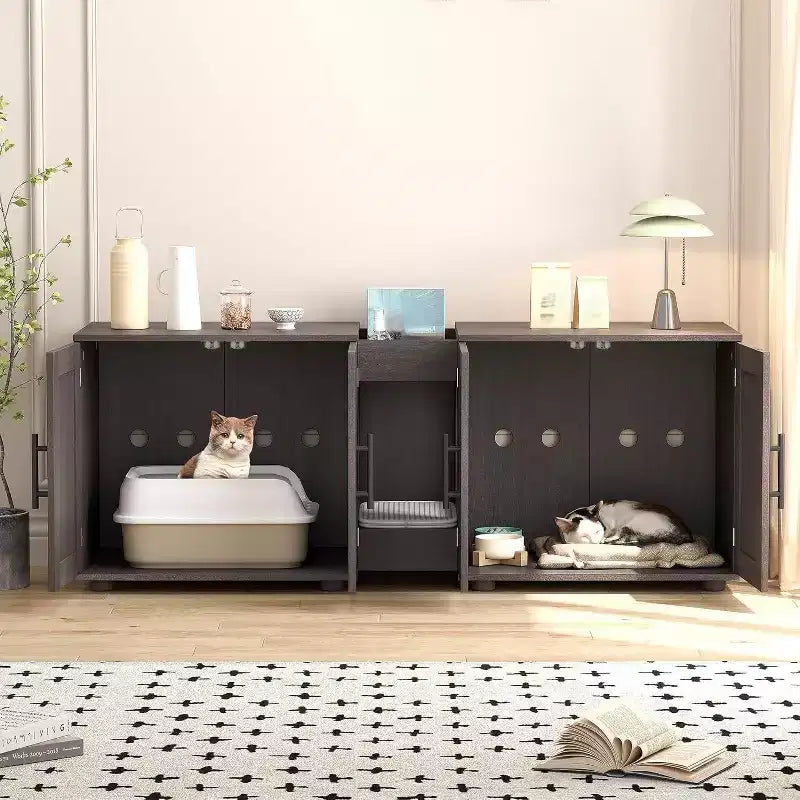 Meuble Cache-litière pour 2 Chats avec Griffoir, Meuble de Toilette en Bois à Double Compartiment et Grand Espace de Rangement
