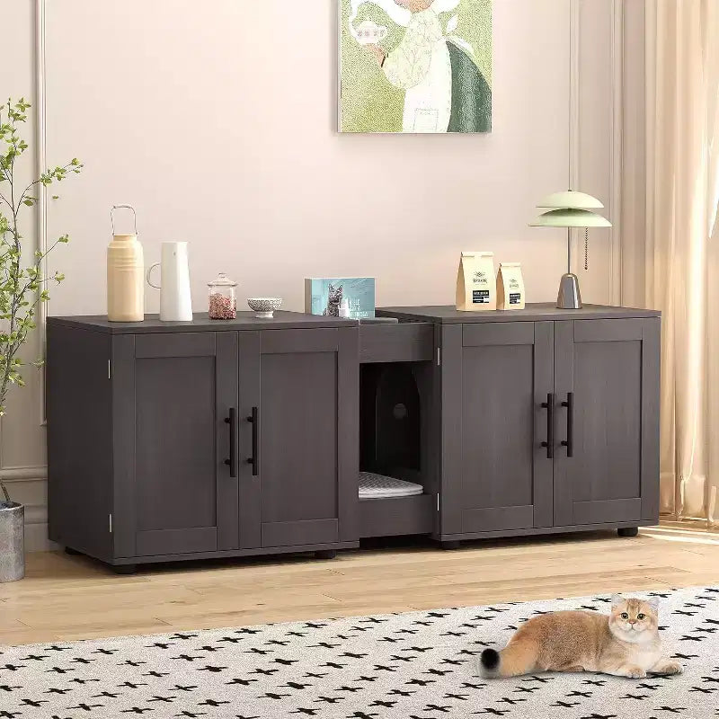 Meuble Cache-litière pour 2 Chats avec Griffoir, Meuble de Toilette en Bois à Double Compartiment et Grand Espace de Rangement