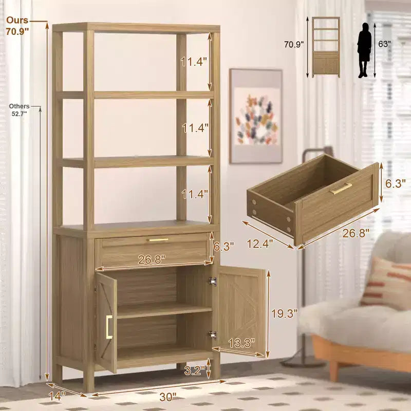 Étagère haute de style ferme avec portes doubles et tiroirs, meuble de rangement et de présentation moderne en bois, idéale pour les salons et les chambres