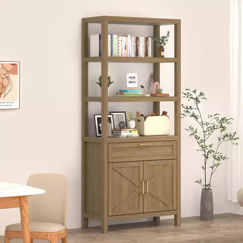 Étagère haute de style ferme avec portes doubles et tiroirs, meuble de rangement et de présentation moderne en bois, idéale pour les salons et les chambres