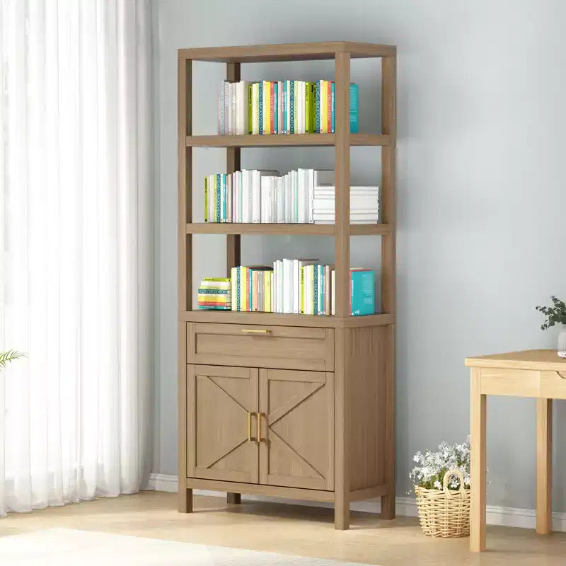 Étagère haute de style ferme avec portes doubles et tiroirs, meuble de rangement et de présentation moderne en bois, idéale pour les salons et les chambres