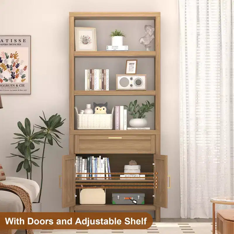 Étagère haute de style ferme avec portes doubles et tiroirs, meuble de rangement et de présentation moderne en bois, idéale pour les salons et les chambres