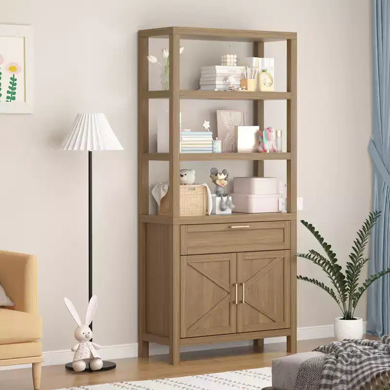 Étagère haute de style ferme avec portes doubles et tiroirs, meuble de rangement et de présentation moderne en bois, idéale pour les salons et les chambres
