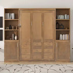 Lit escamotable mural Queen Size en bois avec étagères et armoires de rangement, pliable, Naturel - ModernLuxe