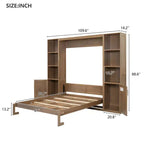 Lit escamotable mural Queen Size en bois avec étagères et armoires de rangement, pliable, Naturel - ModernLuxe