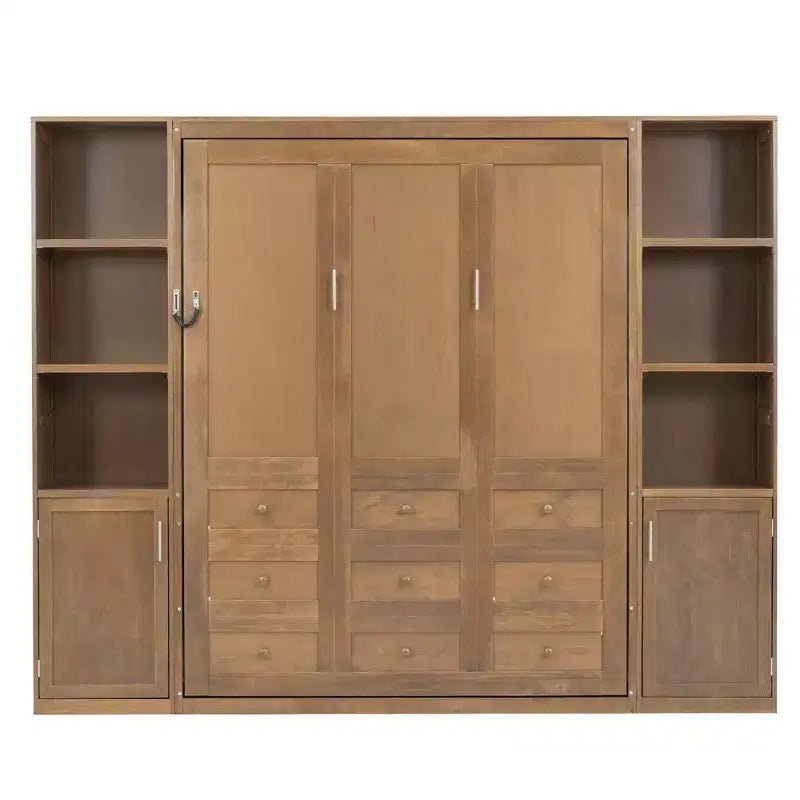 Lit escamotable mural Queen Size en bois avec étagères et armoires de rangement, pliable, Naturel - ModernLuxe