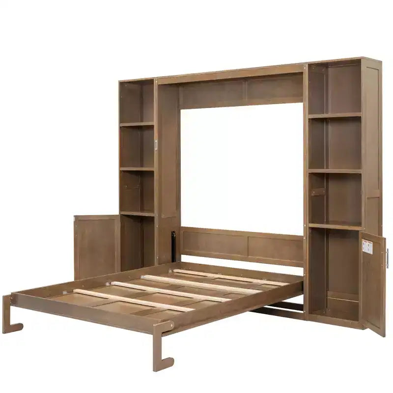 Lit escamotable mural Queen Size en bois avec étagères et armoires de rangement, pliable, Naturel - ModernLuxe