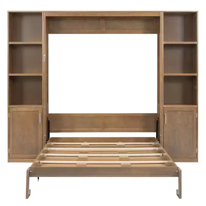 Lit escamotable mural Queen Size en bois avec étagères et armoires de rangement, pliable, Naturel - ModernLuxe