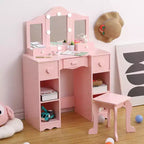 Coiffeuse pour enfants, table de toilette en bois 2-en-1 avec tabouret, miroir triptyque et tiroir, pour petites filles