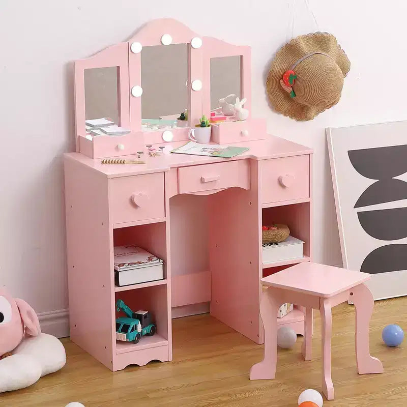 Coiffeuse pour enfants, table de toilette en bois 2-en-1 avec tabouret, miroir triptyque et tiroir, pour petites filles