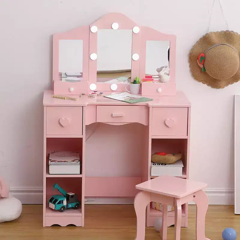 Coiffeuse pour enfants, table de toilette en bois 2-en-1 avec tabouret, miroir triptyque et tiroir, pour petites filles