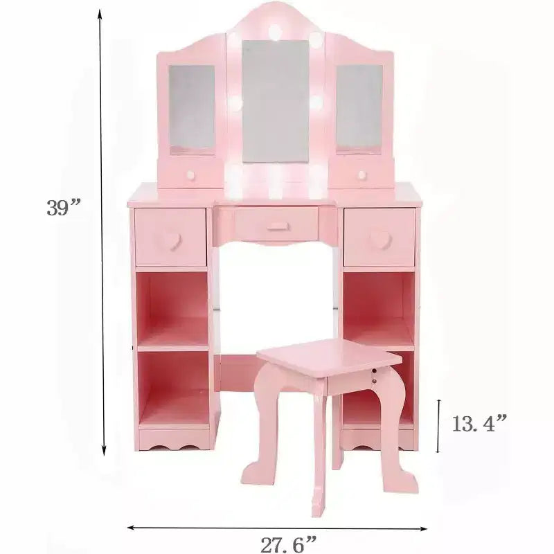 Coiffeuse pour enfants, table de toilette en bois 2-en-1 avec tabouret, miroir triptyque et tiroir, pour petites filles