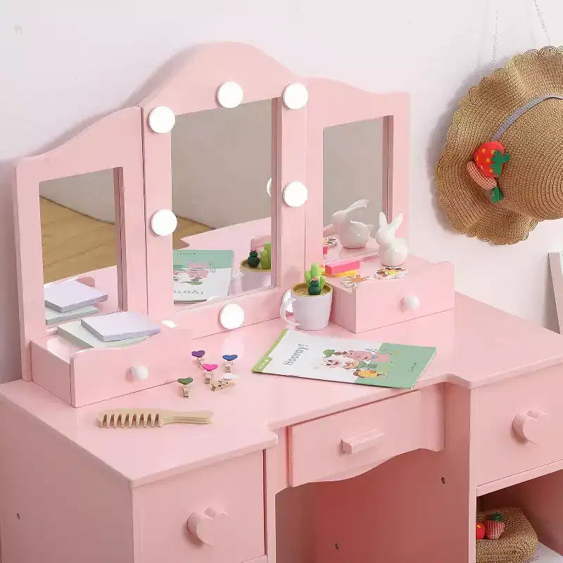 Coiffeuse pour enfants, table de toilette en bois 2-en-1 avec tabouret, miroir triptyque et tiroir, pour petites filles