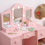 Coiffeuse pour enfants, table de toilette en bois 2-en-1 avec tabouret, miroir triptyque et tiroir, pour petites filles