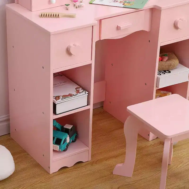 Coiffeuse pour enfants, table de toilette en bois 2-en-1 avec tabouret, miroir triptyque et tiroir, pour petites filles