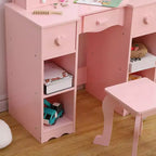 Coiffeuse pour enfants, table de toilette en bois 2-en-1 avec tabouret, miroir triptyque et tiroir, pour petites filles