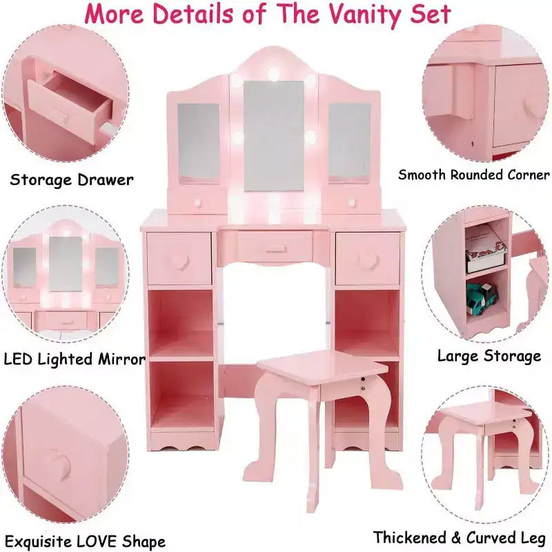 Coiffeuse pour enfants, table de toilette en bois 2-en-1 avec tabouret, miroir triptyque et tiroir, pour petites filles