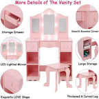 Coiffeuse pour enfants, table de toilette en bois 2-en-1 avec tabouret, miroir triptyque et tiroir, pour petites filles