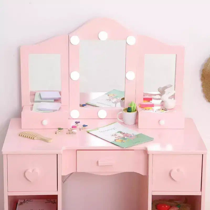 Coiffeuse pour enfants, table de toilette en bois 2-en-1 avec tabouret, miroir triptyque et tiroir, pour petites filles