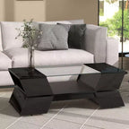 Coffee Table with Open Shelves and Cabinets, Glass-Top Coffee Table, Geometric Style Cocktail Table for Living Room