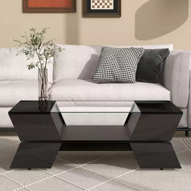 Table basse avec étagères ouvertes et armoires, table basse avec plateau en verre, table basse de style géométrique pour salon