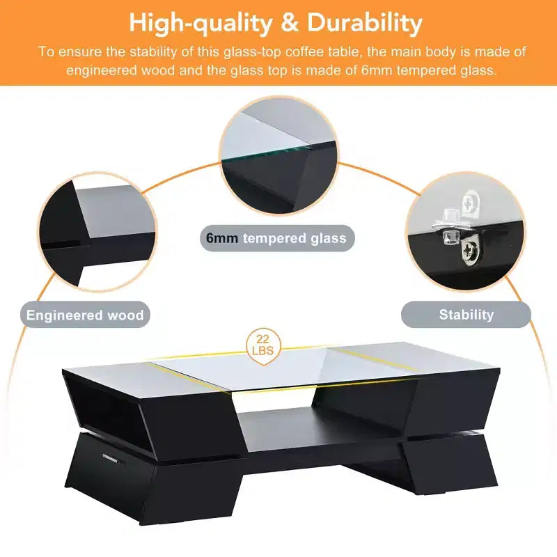 Table basse avec étagères ouvertes et armoires, table basse avec plateau en verre, table basse de style géométrique pour salon
