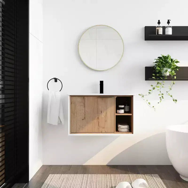 Meuble-lavabo en contreplaqué écologique, résistant aux rayures et à l'eau, avec lavabo en céramique. Assemblage par un adulte requis. Convient aux salles de bain.