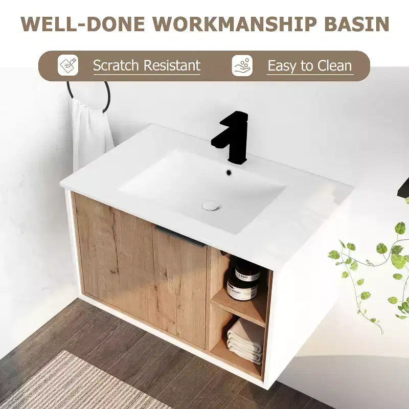 Meuble-lavabo en contreplaqué écologique, résistant aux rayures et à l'eau, avec lavabo en céramique. Assemblage par un adulte requis. Convient aux salles de bain.
