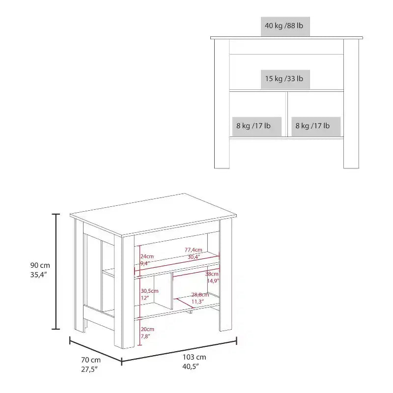 Îlots de cuisine HomeStock de 90 cm de hauteur en bois d'acajou pour cuisine modulaire avec 2 étagères