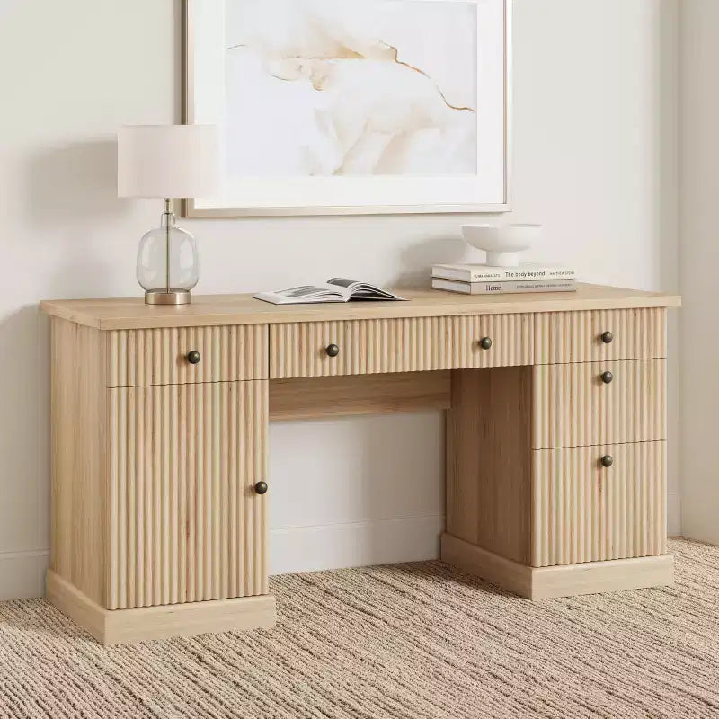 Fluted Home Office Desk Storage, 60 in Modern Executive Desk with Charging Station, Wooden Computer Writing Desk with File Drawers for Study Room