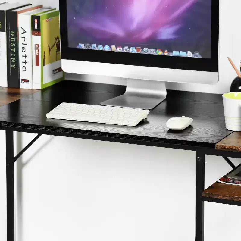 FurnitureR Bureau d'ordinateur 140 cm avec étagères latérales, bureau gaming style industriel avec cadre en métal, poste de travail de bureau à domicile avec rangement pour PC, ordinateur portable