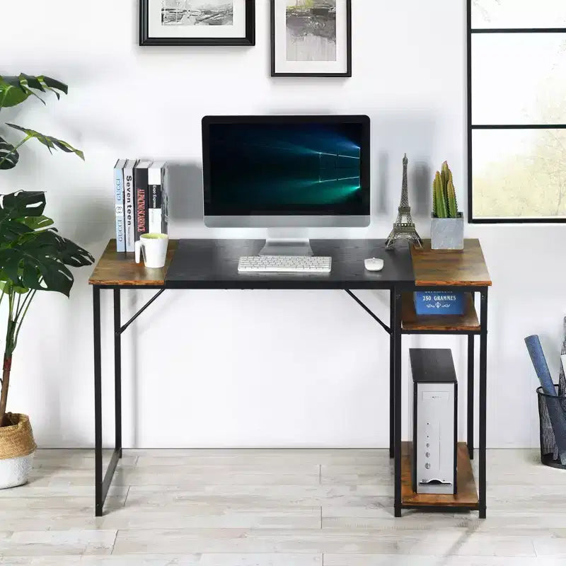 FurnitureR Bureau d'ordinateur 140 cm avec étagères latérales, bureau gaming style industriel avec cadre en métal, poste de travail de bureau à domicile avec rangement pour PC, ordinateur portable